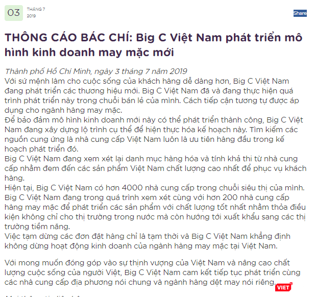 Nội dung thông cáo báo chí của Big C Việt Nam (Ảnh chụp màn hình - Nguồn: Big C Việt Nam)