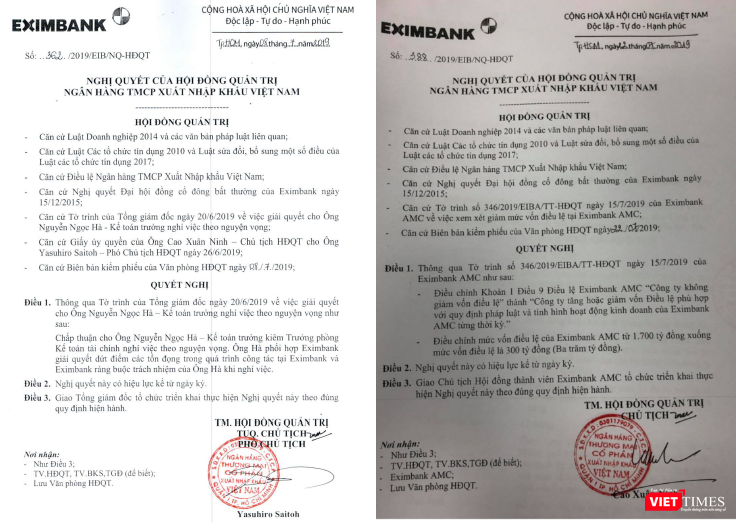 Nghị quyết số 388 (bên phải) do ông Cao Xuân Ninh trực tiếp ký trên cương vị Chủ tịch HĐQT Eximbank