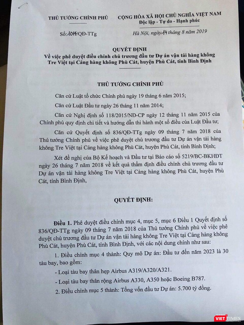 Quyết định số 1014/QĐ-TTg về việc phê duyệt điều chỉnh chủ trương đầu tư Dự án vận tải hàng không Tre Việt