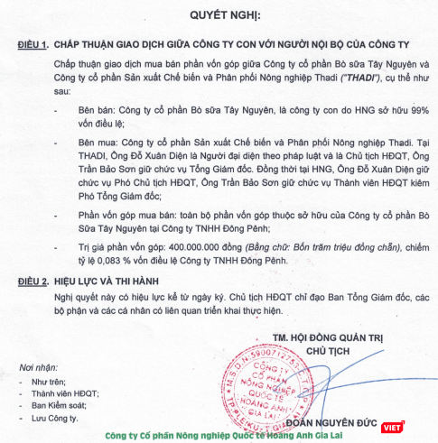 Một phần nội dung Nghị quyết số 1908-2/19/NQ-HĐQT HAGL Agrico (Nguồn: HNG)