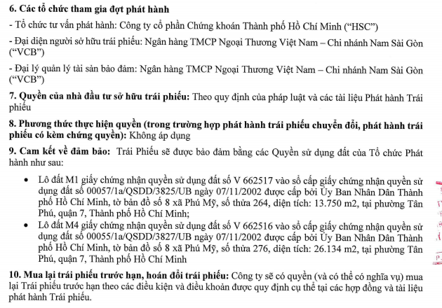 Các tài sản được Phú Mỹ Hưng dùng làm tài sản đảm bảo cho lô trái phiếu