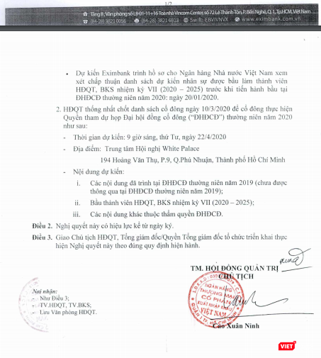 Một phần nội dung Nghị quyết số 574/2019/EIB/NQ-HĐQT mà HĐQT Eximbank vừa thông qua được ký bởi ông Cao Xuân Ninh (Ảnh chụp màn hình - Nguồn: Eximbank)