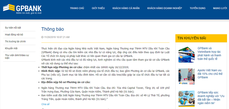 Thông báo tìm kiếm nhà đầu tư tham gia tái cơ cấu của GPBank Thông báo tìm kiếm nhà đầu tư tham gia tái cơ cấu của GPBank