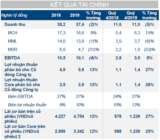 Tóm tắt kết quả tài chính của tập đoàn Masan năm 2019 (Nguồn: MSN)