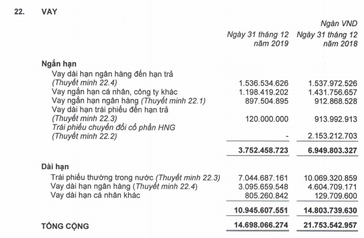 Dư nợ vay tính đến cuối năm 2019 của HAG (Nguồn: BCTC Hợp nhất Quý 4/2019)