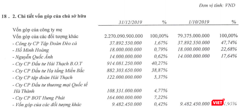 Cơ cấu sở hữu tại CTCP Đầu tư Hạ tầng Giao thông Đèo Cả cuối năm 2019 (Nguồn: BCTC Hợp nhất Quý 4/2019 của DII)
