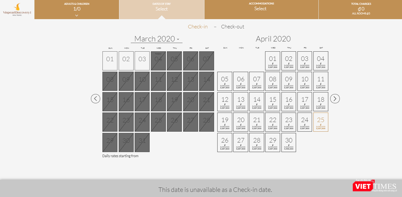 Vinpearl Discovery 1 Nha Trang không nhận đặt phòng đến hết ngày 31/3/2020 (Ảnh chụp màn hình)