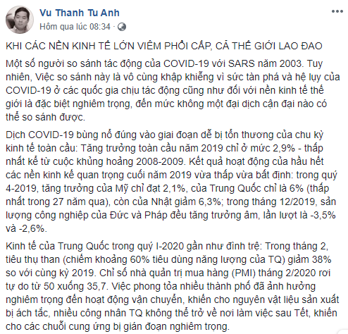Một phần nội dung chia sẻ của TS. Vũ Thành Tự Anh - "Khi các nền kinh tế lớn viêm phổi cấp, cả thế giới lao đao" (Ảnh chụp màn hình)