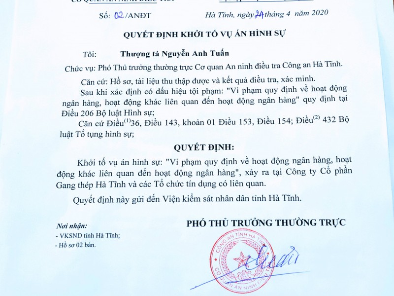 Quyết định khởi tố vụ án hình sự xảy ra tại CTCP Gang thép Hà Tĩnh và các tổ chức tín dụng có liên quan (Ảnh: conganhatinh.gov.vn)