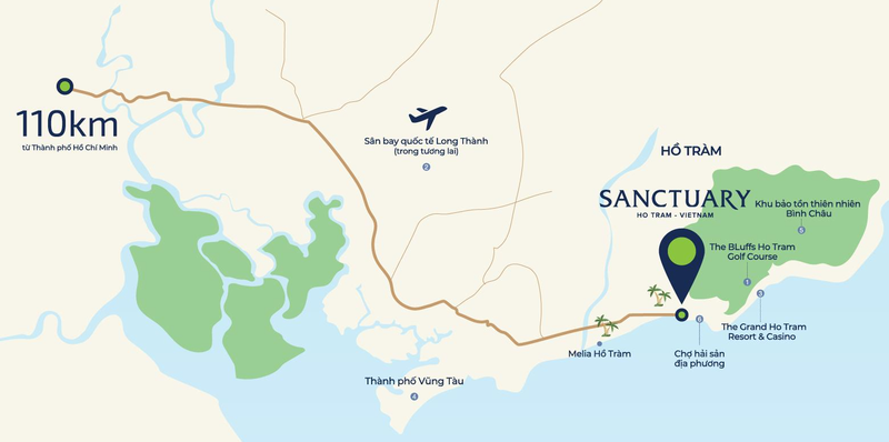 Dự án Sunctuary Hồ Tràm xen giữa các dự án Melia Hồ Tràm và Hồ Tràm Strip