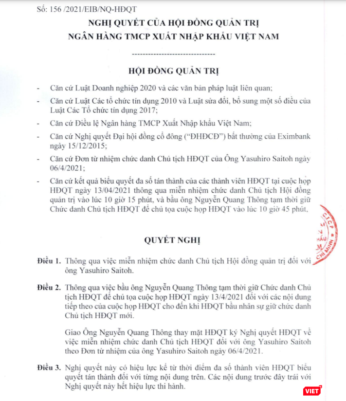 Ông Yasuhiro Saitoh đã có đơn từ nhiệm chức danh Chủ tịch HĐQT Eximbank từ ngày 6/4/2021