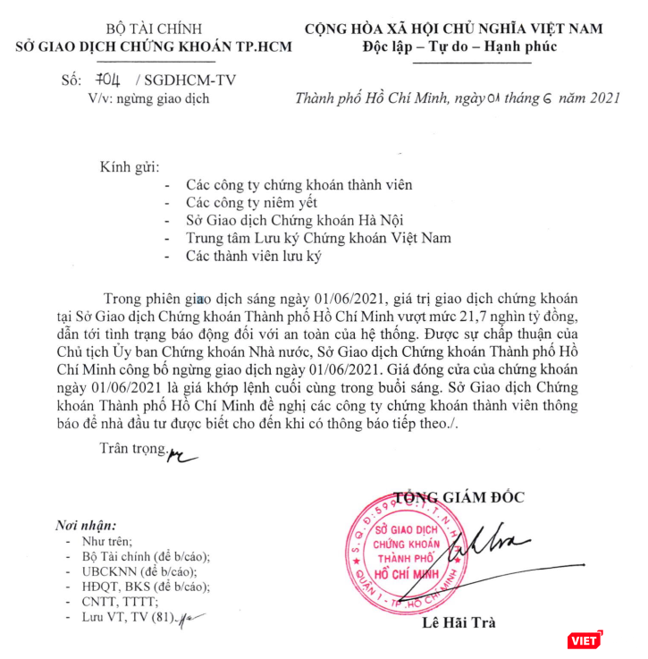 Văn bản thông báo ngừng giao dịch ngày 1/6/2021 của HOSE Văn bản thông báo ngừng giao dịch ngày 1/6/2021 của HOSE