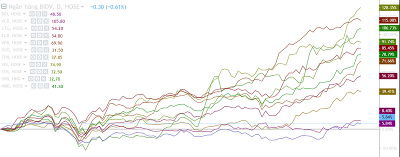 Nhiều cổ phiếu ngân hàng đã tăng gấp đôi kể từ đầu năm 2021 (Nguồn: Trading view)