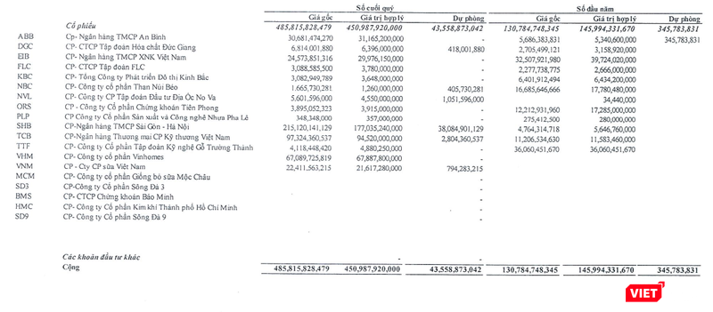 Danh mục đầu tư chứng khoán của Nhà Đà Nẵng tại ngày 31/12/2021