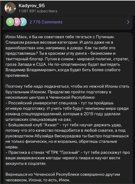 Kadyrov "mỉa mai" Elon