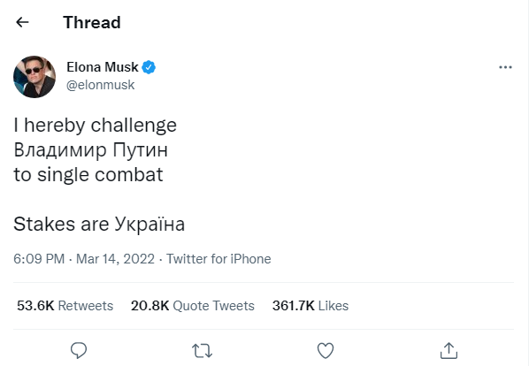 Elon thách thức Putin chiến đấu