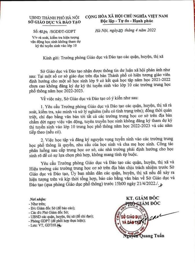 Công văn của Sở GD&amp;ĐT Hà Nội