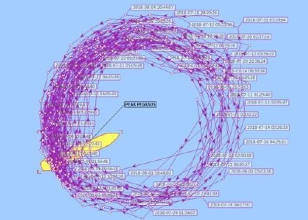 Ảnh chụp quỹ tích di chuyển của con tàu khi phải buông neo, trôi dạt hơn 1 tháng trên biển phía ngoài cảng Đại Liên
