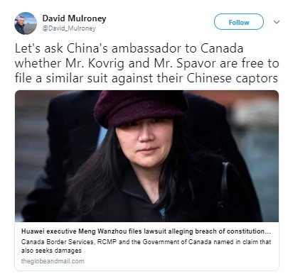 Cựu Đại sứ Canada tại Bắc Kinh David Mulroney hoài nghi về tính hợp pháp của việc bà Mạnh Vãn Chu khởi kiện chính phủ Canada.