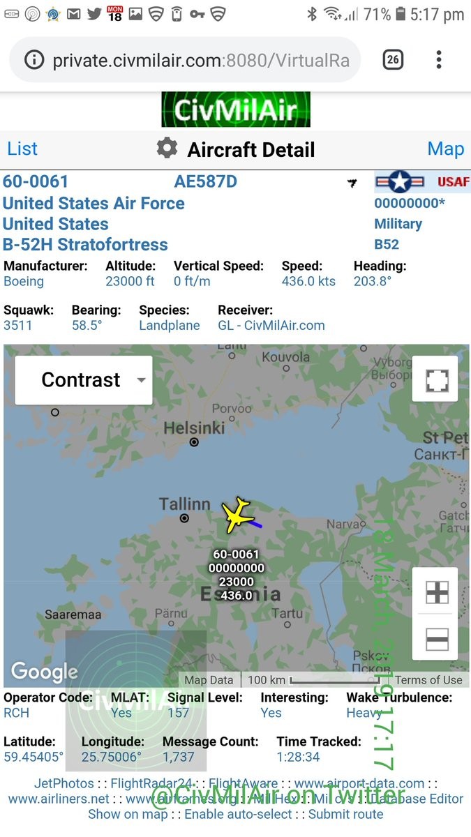 Thông tin về chiếc B-52H hoạt động trên vùng trời Estonia.