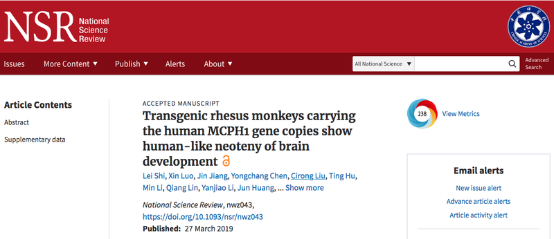 Bản báo cáo về công trình nghiên cứu cấy gene người vào não khỉ đăng trên tạp chí khoa học của Viện Khoa học Trung Quốc.