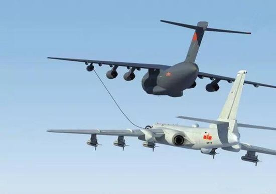 H-6K nhận tiếp dầu trên không từ Y-20 chuyên dụng chở dầu