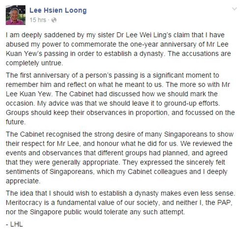 Status của ông Lý Hiển Long phản bác những tố cáo của em gái Status của ông Lý Hiển Long phản bác những tố cáo của em gái