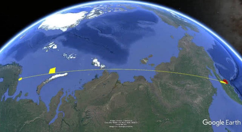 Đường đi của một tên lửa mà Nga phóng thử. (Ảnh: Sina)