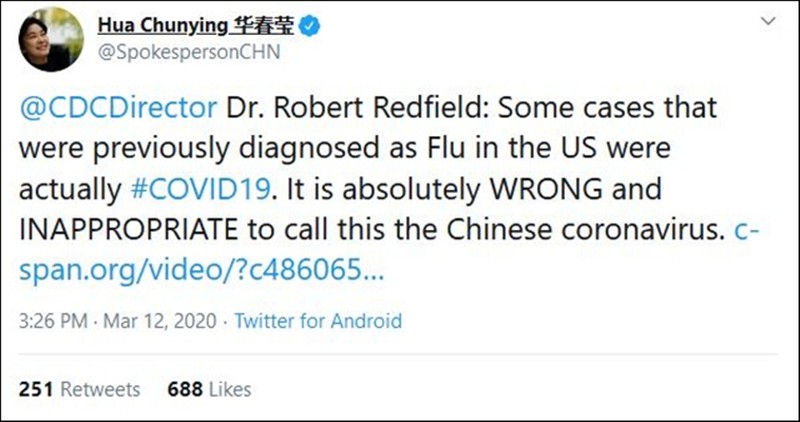 Tweet của bà Hoa Xuân Oánh cho rằng gọi virus Corona mới bằng tên "Virus Corora Trung Quốc" là sai trái và không phù hợp(Ảnh: Guancha). Tweet của bà Hoa Xuân Oánh cho rằng gọi virus Corona mới bằng tên "Virus Corora Trung Quốc" là sai trái và không phù hợp(Ảnh: Guancha).