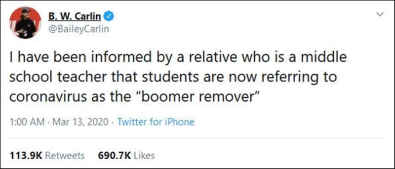 Một đoạn tweet: "Cha tôi là giáo viên trung học. Ông nói, các học trò của ông đều gọi virus Corona mới là "kẻ tiêu diệt người già" (Ảnh: Guancha). Một đoạn tweet: "Cha tôi là giáo viên trung học. Ông nói, các học trò của ông đều gọi virus Corona mới là "kẻ tiêu diệt người già" (Ảnh: Guancha).