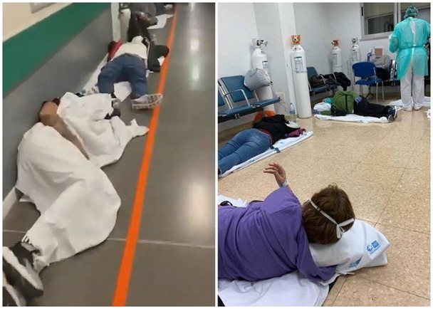 Bệnh nhân các bệnh viện ở Madrid phải nằm dưới đất chờ đợi vì không có giường (Ảnh: Đông Phương).