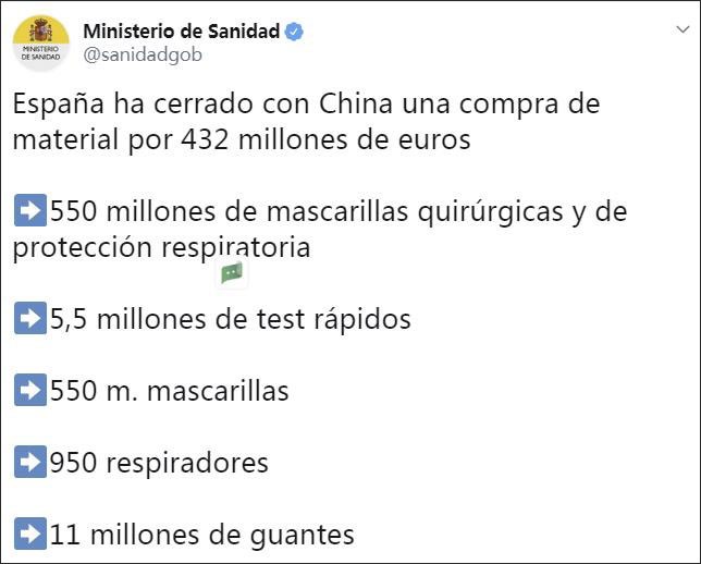 Trang Twitter viết về hợp đồng mua vật tư y tế của Trung Quốc trị giá 432 triệu euro (Ảnh:Guancha).