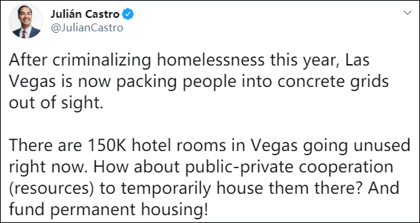 Một ý kiến phê phán trên mạng xã hội: Sau khi hình sự hóa việc ngủ trên đường phố, Las Vegas hiện đang nhét mọi người vào sân bê tông để họ biến mất. Cùng lúc, Las Vegas hiện có 150.000 phòng khách sạn nhàn rỗi. Tại sao không đưa họ vào ở đó? Và tài trợ họ nhà ở vĩnh viễn!”
