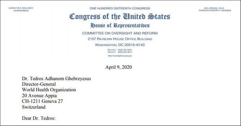 Bức thư của các nghị sĩ Cộng hòa thuộc Ủy ban Giám sát và Cải cách chính phủ của Hạ viện Hoa Kỳ gửi cho ông Tedros Adhanom yêu cầu trả lời về mối quan hệ với Trung Quốc (Ảnh: Guancha).