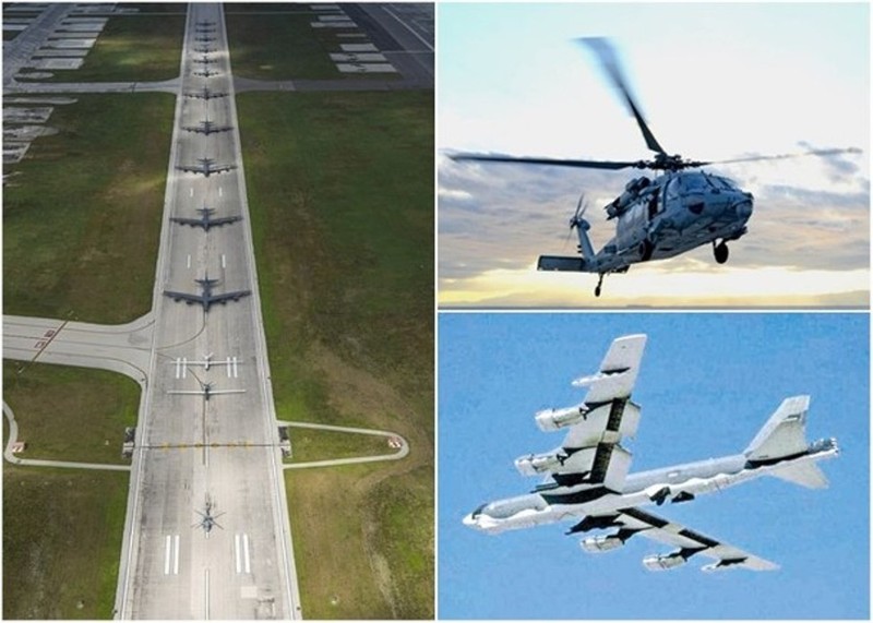 Hàng động chiến thuật "Voi đi bộ" của Không quân Mỹ tại căn cứ Anderson, Guam hôm 13/4 (Ảnh DF). Hàng động chiến thuật "Voi đi bộ" của Không quân Mỹ tại căn cứ Anderson, Guam hôm 13/4 (Ảnh DF).