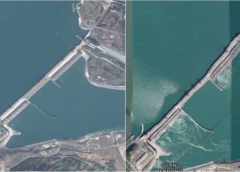 Ảnh vệ tinh cho thấy thân đập chính Tam Hiệp bị biến dạng rất rõ (phải) Ảnh: Đông Phương. Ảnh vệ tinh cho thấy thân đập chính Tam Hiệp bị biến dạng rất rõ (phải) Ảnh: Đông Phương.