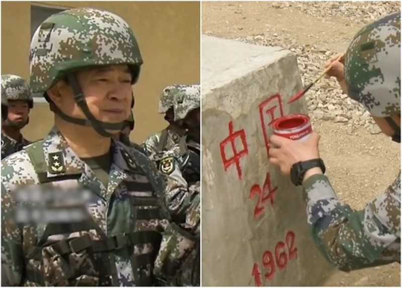 Tướng Vương Hải Giang, Tư lệnh Quân khu Tây Tạng (Trung Quốc) dẫn quân tuần tra biên giới và sơn lại cột mốc có số 1962, động thái được cho là nhằm đe dọa Ấn Độ (Ảnh: Đông Phương).