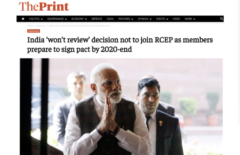 Truyền thông Ấn Độ đưa tin Ấn Độ không xem xét tham gia RCEP nữa (Ảnh: The Print).