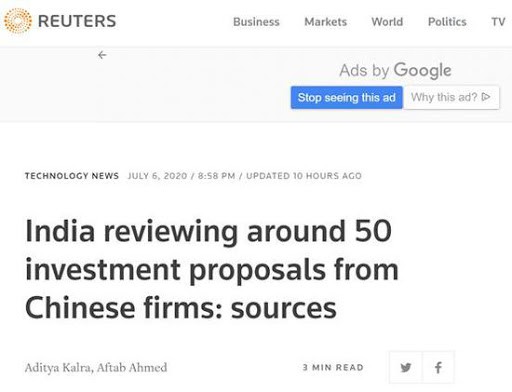 Reuters viết về việc Ấn Độ xem xét lại khoảng 50 dự án đầu tư của Trung Quốc