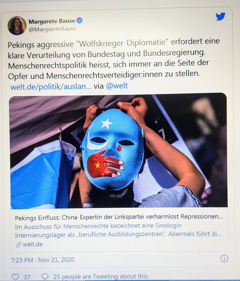 Bà Margarete Bause, nghị sĩ Đảng Xanh Liên bang Đức viết trên Twitter ngày 21/11: Hạ viện và chính phủ Đức cần lên án rõ ràng chính sách ngoại giao Chiến Lang của Bắc Kinh (Ảnh chụp màn hình), Bà Margarete Bause, nghị sĩ Đảng Xanh Liên bang Đức viết trên Twitter ngày 21/11: Hạ viện và chính phủ Đức cần lên án rõ ràng chính sách ngoại giao Chiến Lang của Bắc Kinh (Ảnh chụp màn hình),