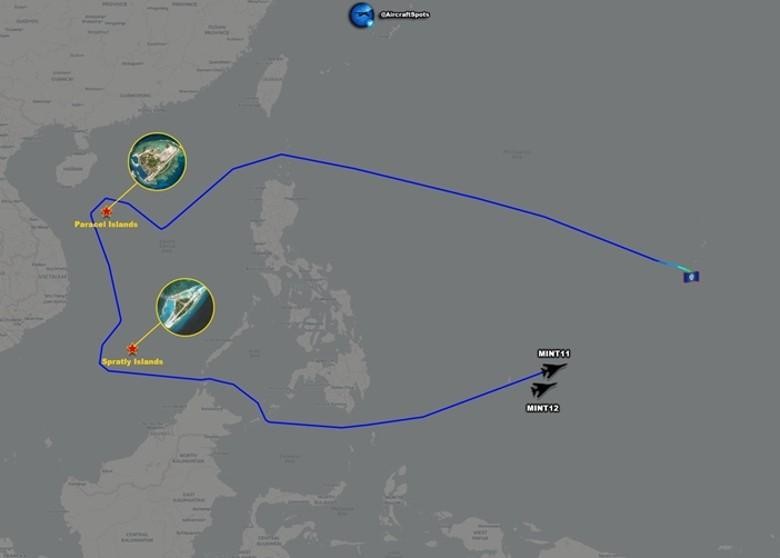 Hai máy bay ném bom chiến lược B-1B của Mỹ bay qua các quần đảo Hoàng Sa và Trường Sa hôm 28/12. (Ảnh: Dongfang). Hai máy bay ném bom chiến lược B-1B của Mỹ bay qua các quần đảo Hoàng Sa và Trường Sa hôm 28/12. (Ảnh: Dongfang).