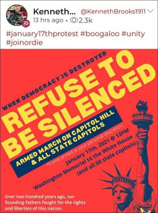 Phong trào cực hữu "Boogaloo" phát tán lời kêu gọi biểu tình vũ trang trên toàn nước Mỹ vào ngày 17/1 trên mạng xã hội (Ảnh: Guancha).