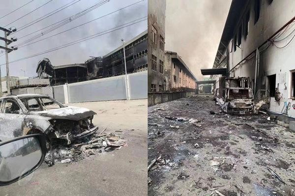 Nhà xưởng và xe hơi trong nhà máy Trung Quốc bị đốt phá (Ảnh: Guancha).