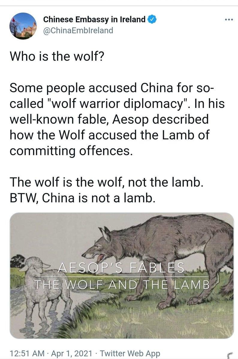 Bản tweet gây sóng gió của Đại sứ quán Trung Quốc ở Ireland (Ảnh: Đông Phương)