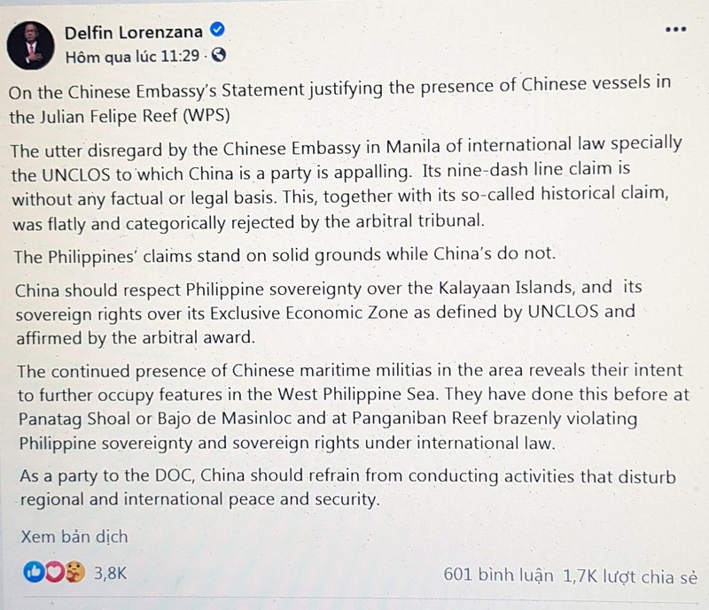 Bản tweet với giọng điệu phê phán Trung Quốc mạnh mẽ của ông Lorenzana (Ảnh chụp qua màn hình).