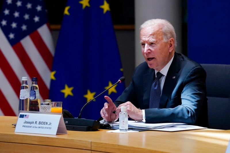 Tổng thống Mỹ Joe Biden phát biểu tại Hội nghị thượng đỉnh Mỹ-EU (Ảnh: AP)