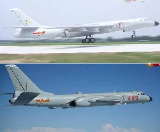 Máy bay ném bom H-6K của Không quân PLA đang đổi từ kiểu sơn cũ (dưới) sang kiểu sơn mới (trên). Ảnh: Sina