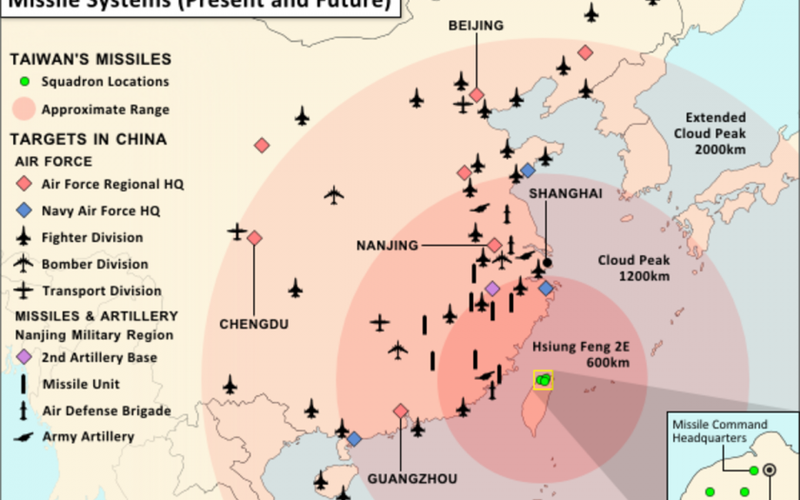 Tầm bắn dự kiến của các loại tên lửa Đài Loan đã có và đang nghiên cứu (Ảnh: strategy.style).