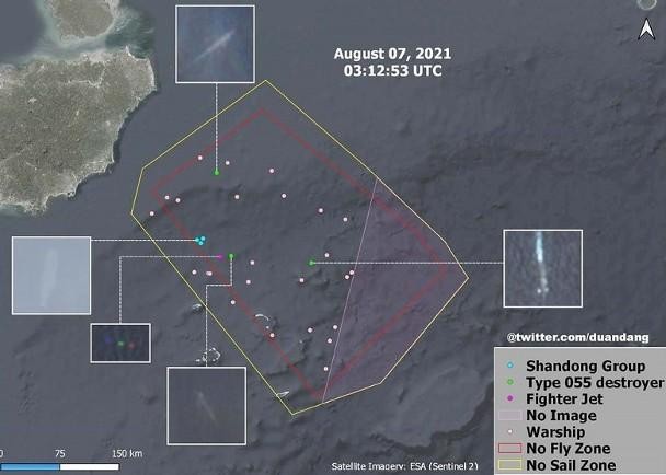Hình ảnh vệ tinh Sentinel 2 cho thấy tàu sân bay Sơn Đông và gần 30 tàu khác trong khu vực tập trận (Ảnh: Dongfang).