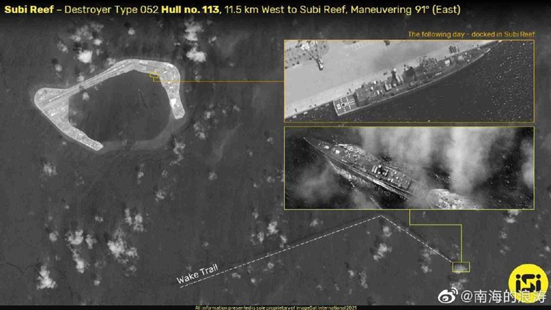 Tàu khu trục Type 052 Thanh Đảo (113) neo đậu tại đá Subi và hoạt động trên vùng biển lân cận (Ảnh: ISI).